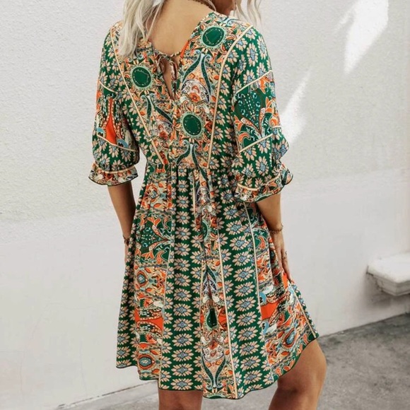Paisley boho gypsy print dress 3/4 sleeve v neck - Picture 2 of 10